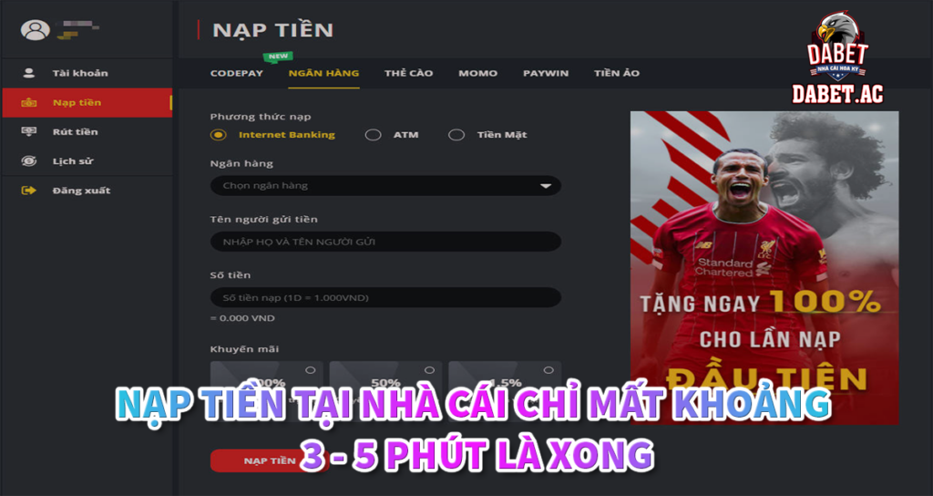 Nạp tiền tại nhà cái chỉ mất khoảng 3- 5 phút là xong